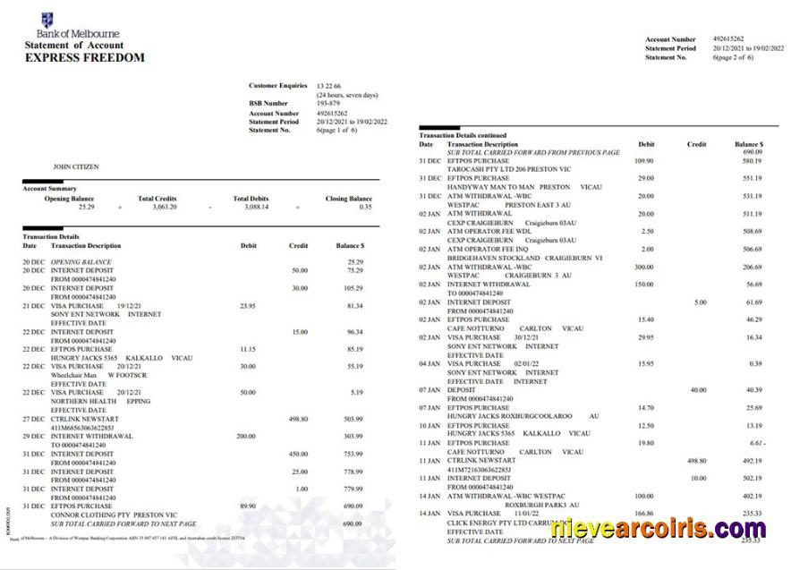 Australia Bank of Melbourne bank account  statement, 6 pages